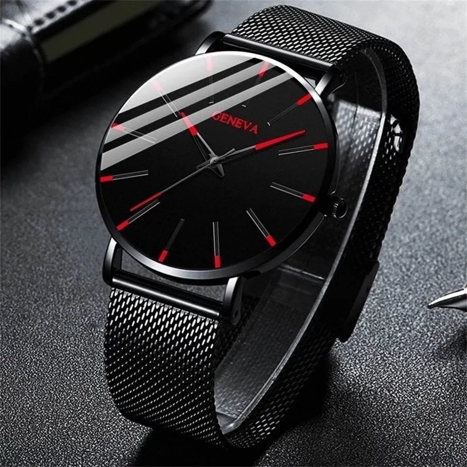 3pcs Set Fashion Mens Simple Watches Men Business Stainless Steel Mesh Belt Quartz Watch Male Necklace Bracelet Wristwatch