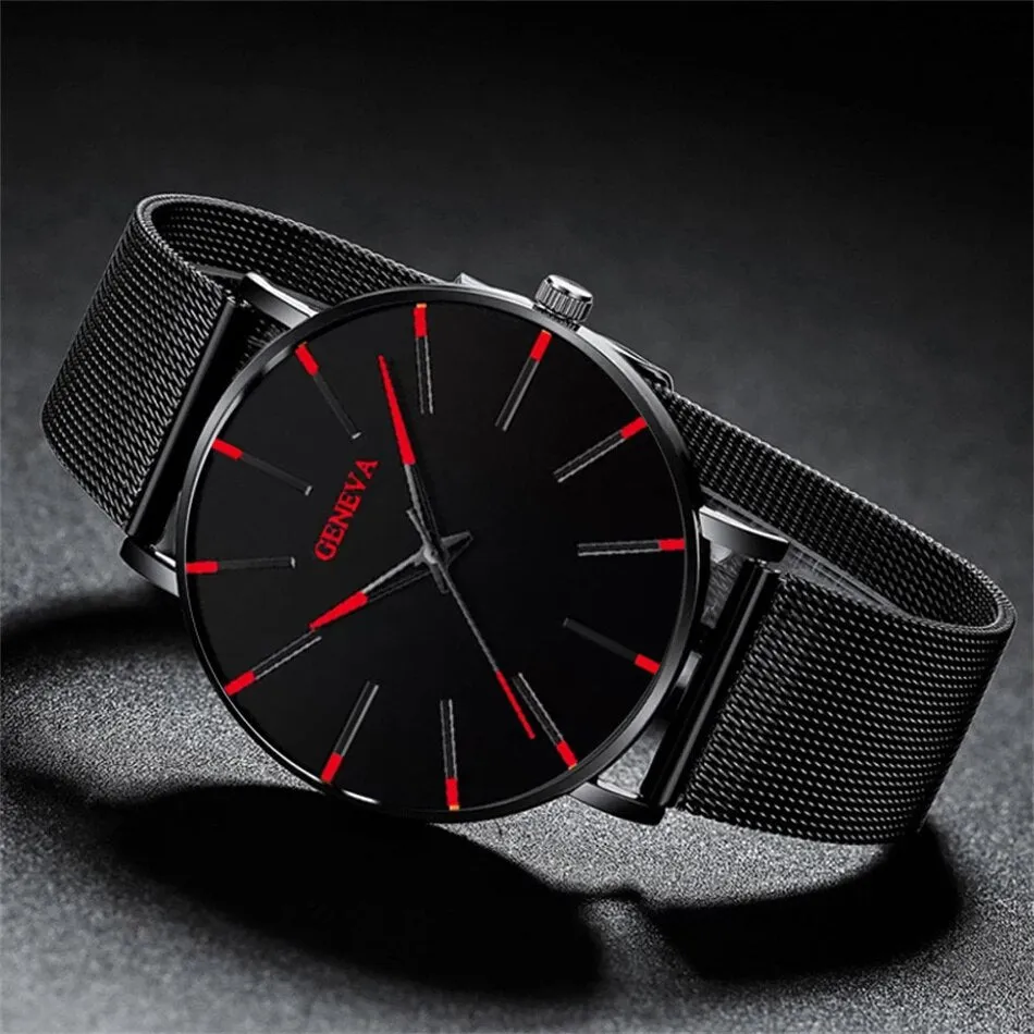 3pcs Set Fashion Mens Simple Watches Men Business Stainless Steel Mesh Belt Quartz Watch Male Necklace Bracelet Wristwatch