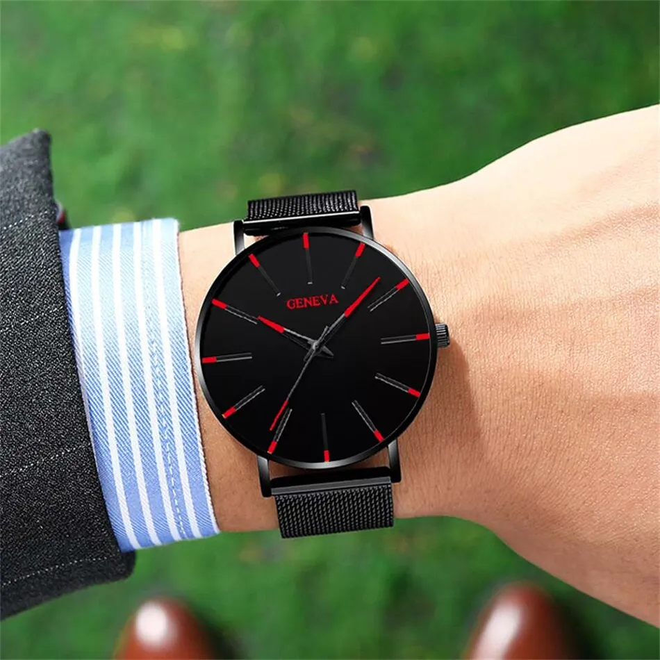 3pcs Set Fashion Mens Simple Watches Men Business Stainless Steel Mesh Belt Quartz Watch Male Necklace Bracelet Wristwatch
