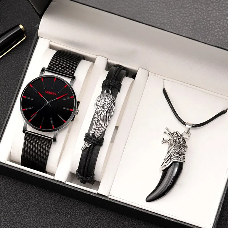 3pcs Set Fashion Mens Simple Watches Men Business Stainless Steel Mesh Belt Quartz Watch Male Necklace Bracelet Wristwatch