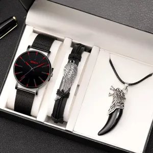 3pcs Set Fashion Mens Simple Watches Men Business Stainless Steel Mesh Belt Quartz Watch Male Necklace Bracelet Wristwatch