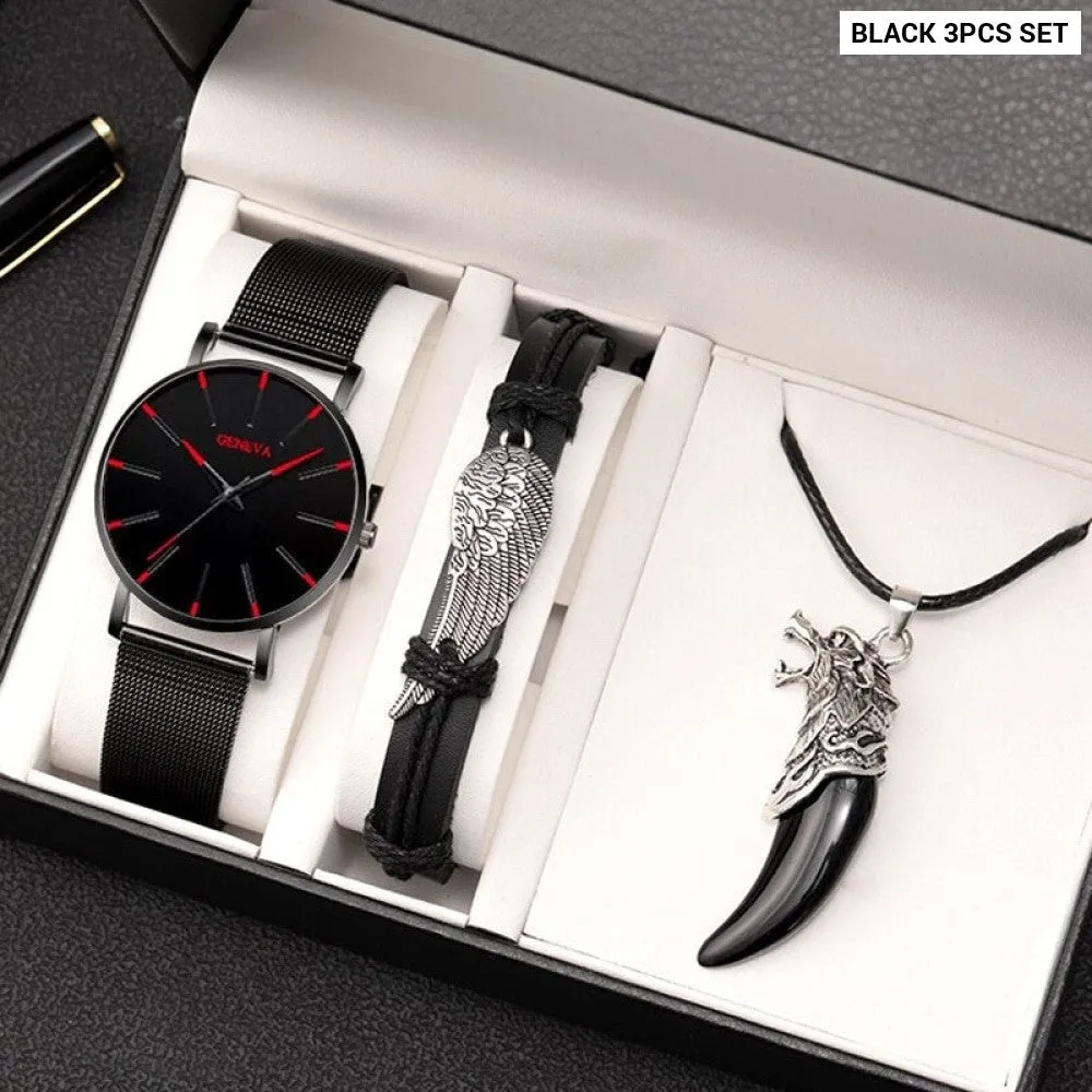 3pcs Set Fashion Mens Simple Watches Men Business Stainless Steel Mesh Belt Quartz Watch Male Necklace Bracelet Wristwatch