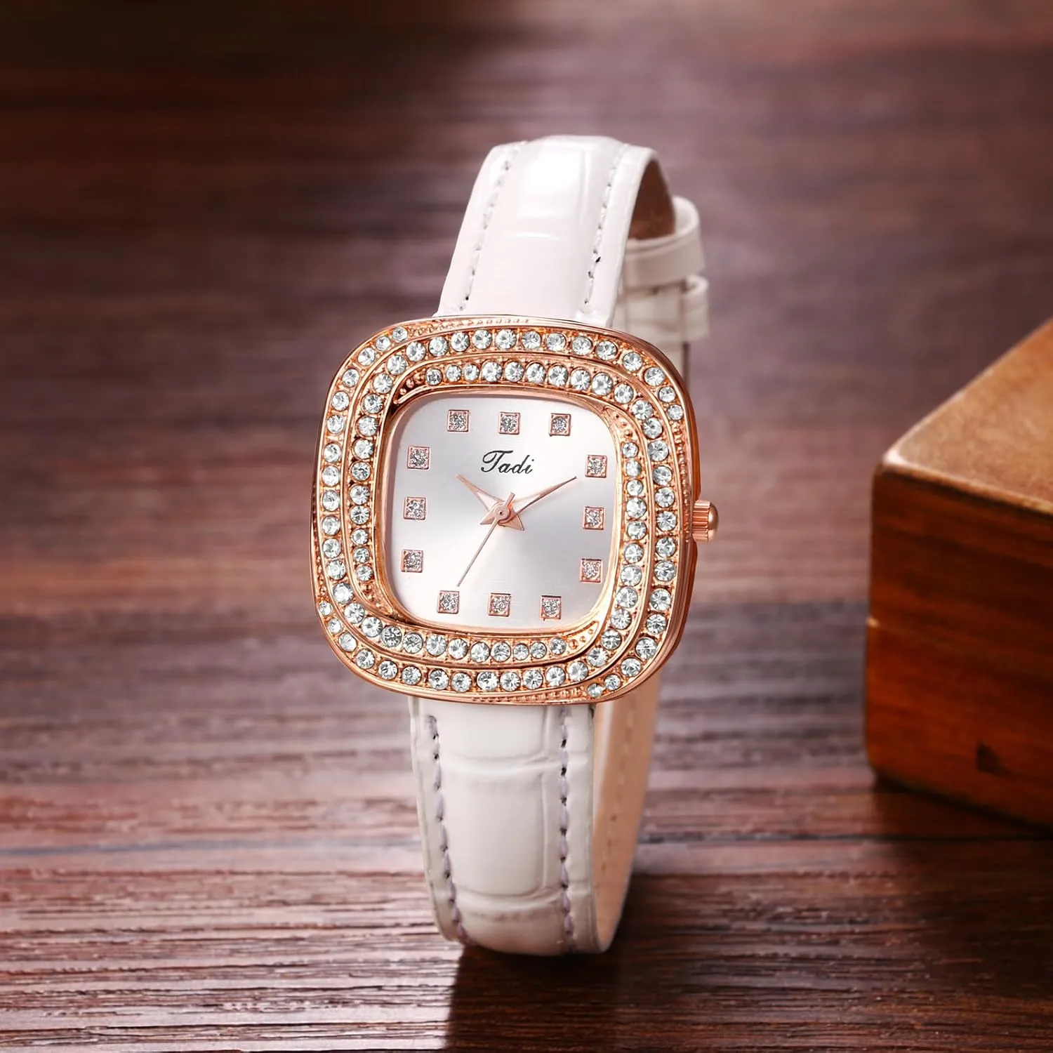 Avaner Women's Leather Square Watches: Slim Strap Rhinestones Bracelet Analog Quartz Ladies Elegant Wrist Watches