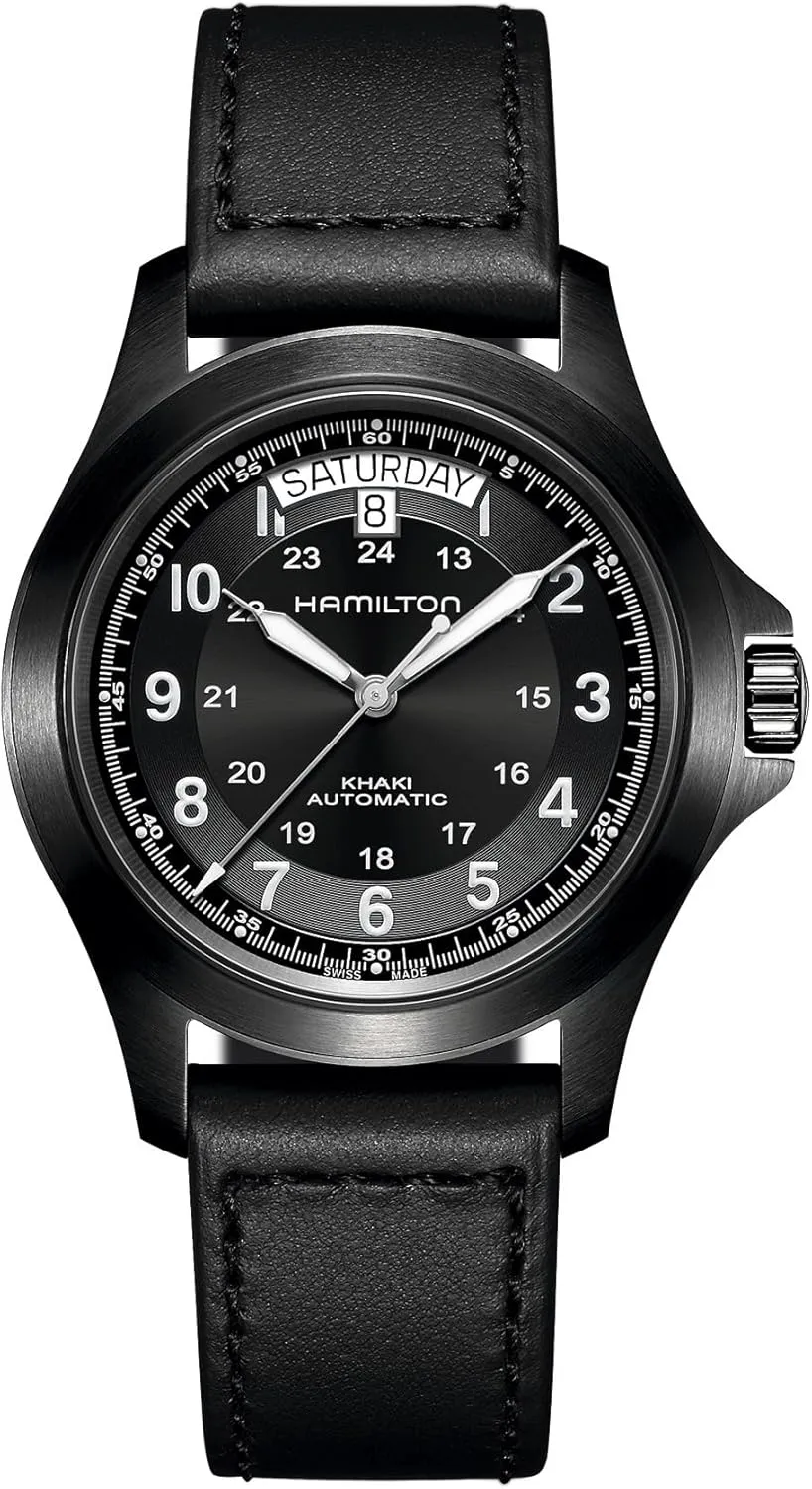 Hamilton Watch Khaki Field King Auto | Swiss Made | 40mm Stainless Steel Case | Black Dial Analog Watch | Black Leather Strap (Model: H64465733)