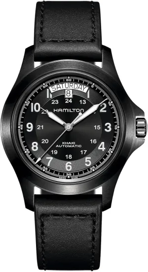 Hamilton Watch Khaki Field King Auto | Swiss Made | 40mm Stainless Steel Case | Black Dial Analog Watch | Black Leather Strap (Model: H64465733)
