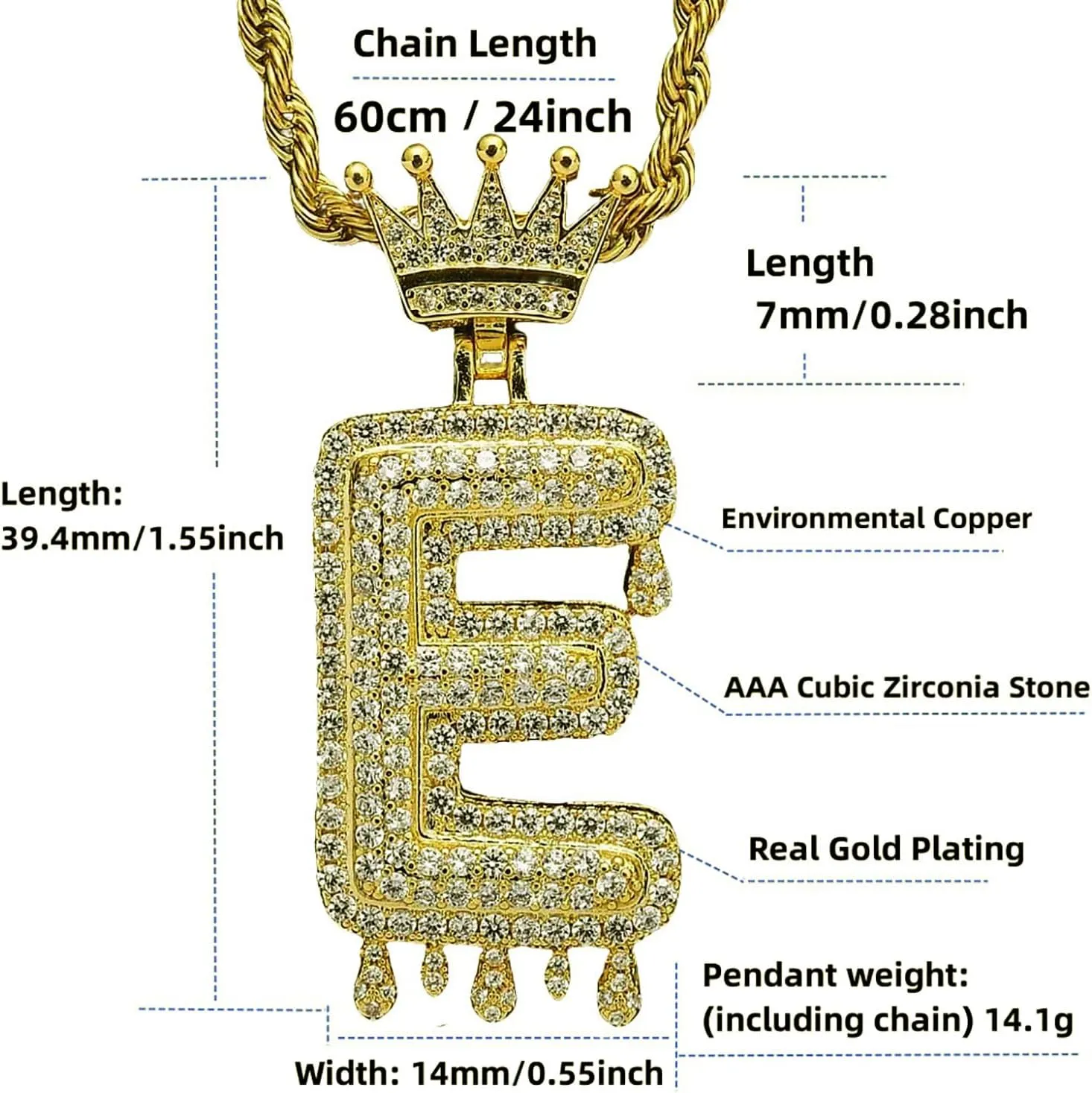 Hermosa Unisex Crown Letter Pendant Necklace 18K Gold Plated Zircon Jewelry with Twisted Chain, 17 2 Inch Adjustable, Gift for Women Men