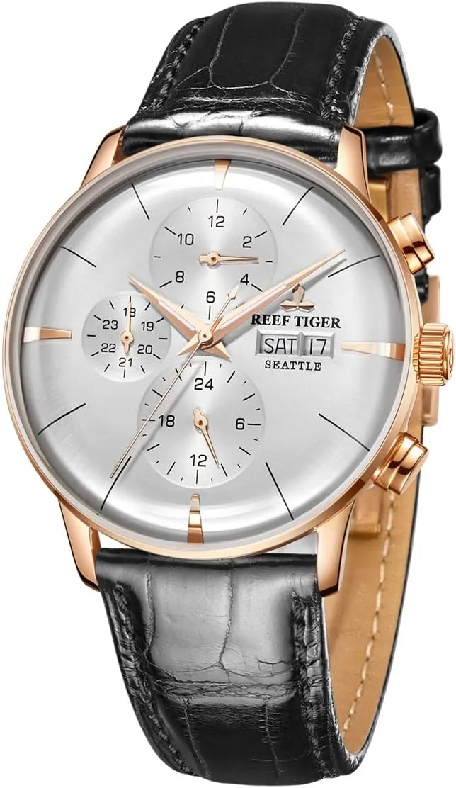REEF TIGER Luxury Dress Watch Genuine Leather Strap Rose Gold Automatic Watches for Men RGA1699
