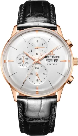 REEF TIGER Luxury Dress Watch Genuine Leather Strap Rose Gold Automatic Watches for Men RGA1699
